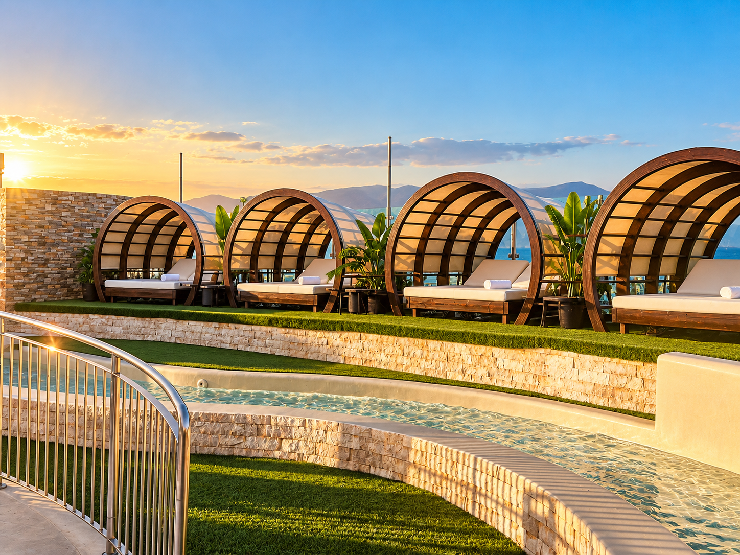Rooftop relaxation pods beside the pool at Ocean Spa Plaza