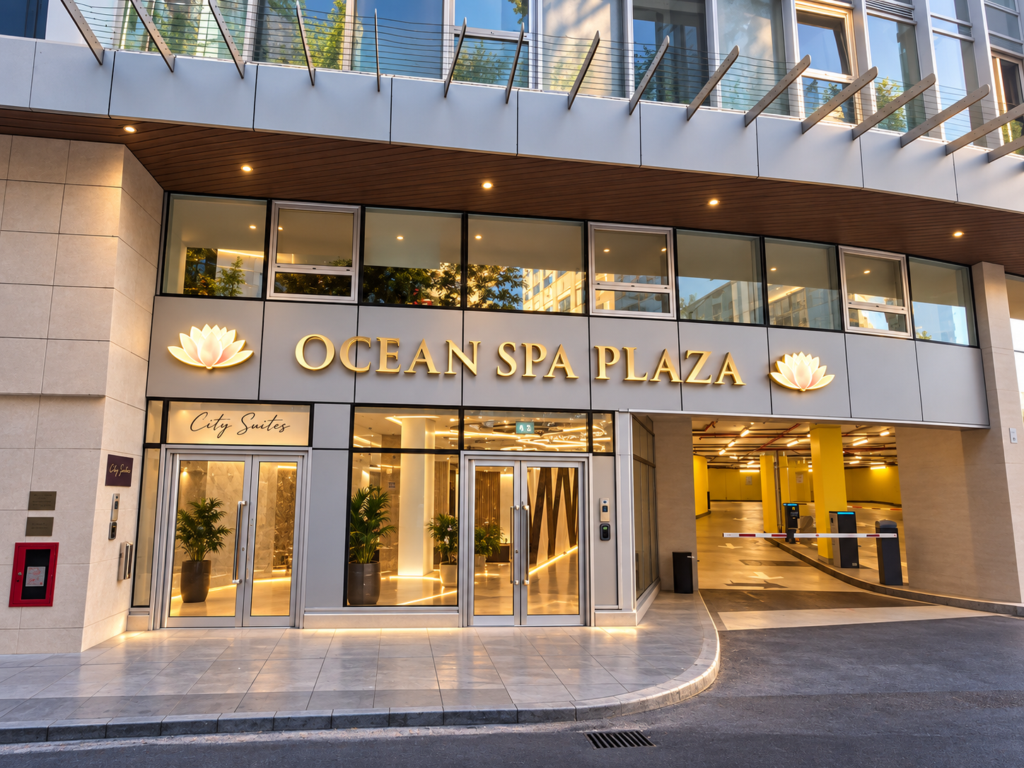 Main entrance and car park access at Ocean Spa Plaza