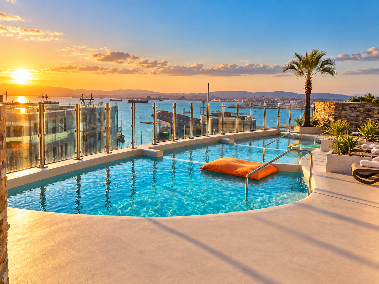Ocean Spa Plaza rooftop Sky Spa pool overlooking Gibraltar at sunset